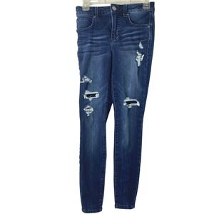 Maurices Everflex High Rise Skinny Jeans Juniors‎ 0 Reg Dark Wash Distress Patch